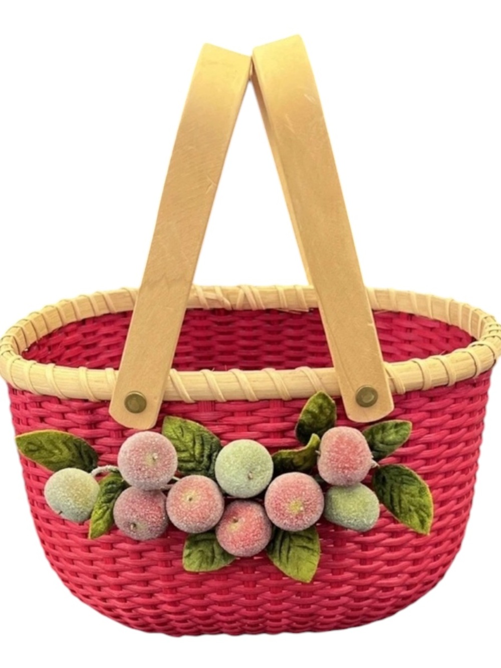 Vintage Red Woven Peterboro Oval Basket With Sugared Fruit & Double Handles